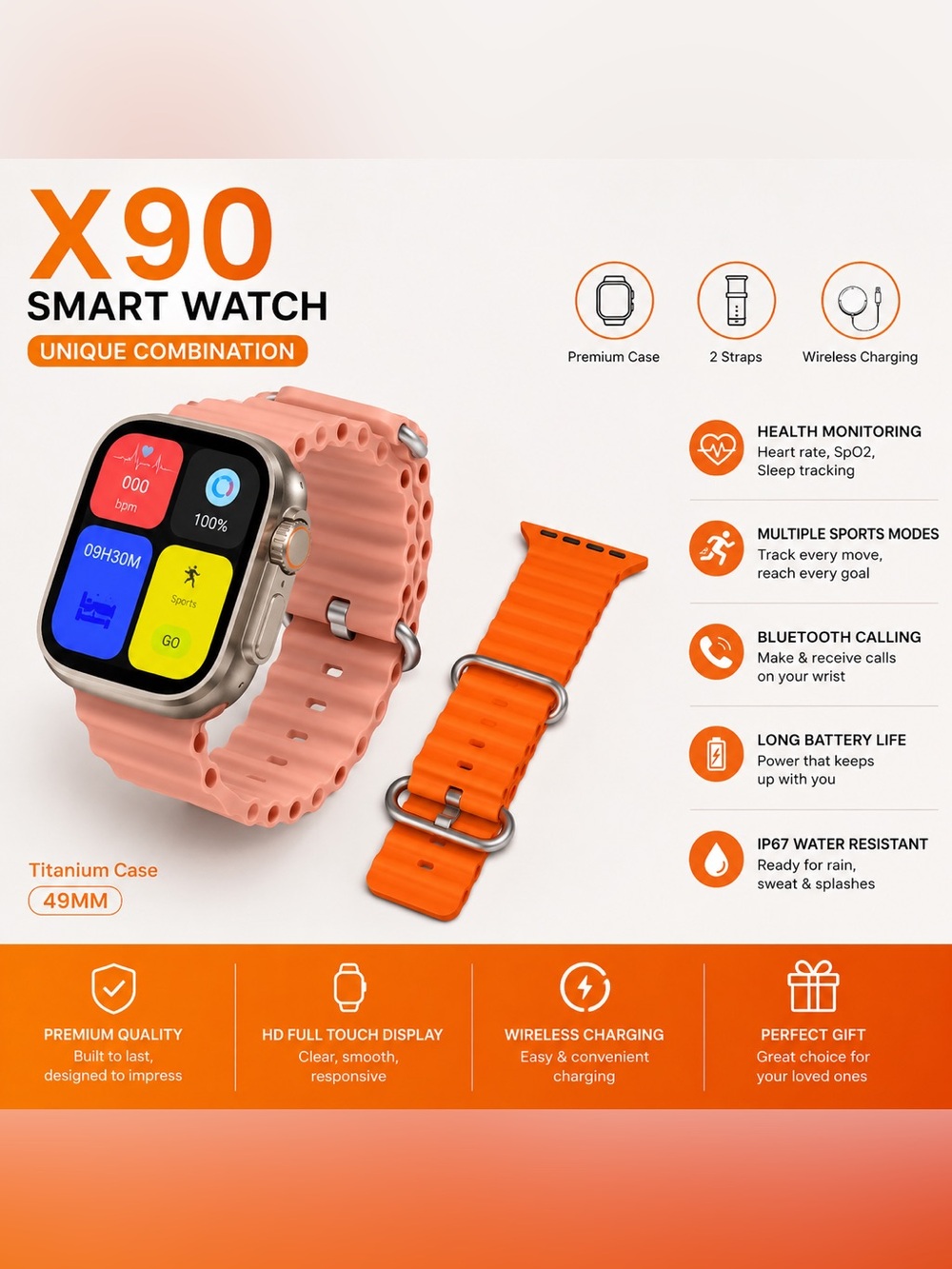 X90 Smart Watch - Peach/Orange Titanium Case